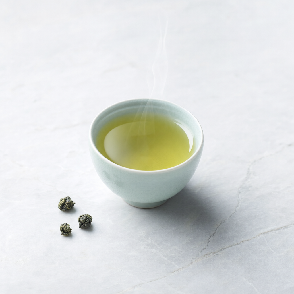 A small pale celadon cup of clean pale green-yellow Mountain Crown Signature Oolong on a pale grey stone surface