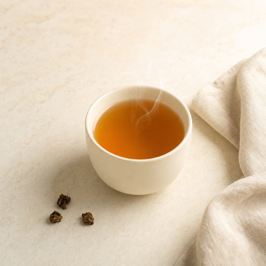 A small cream stoneware cup of warm golden-brown Ember Crown Select Dark Oolong on a warm cream stone surface