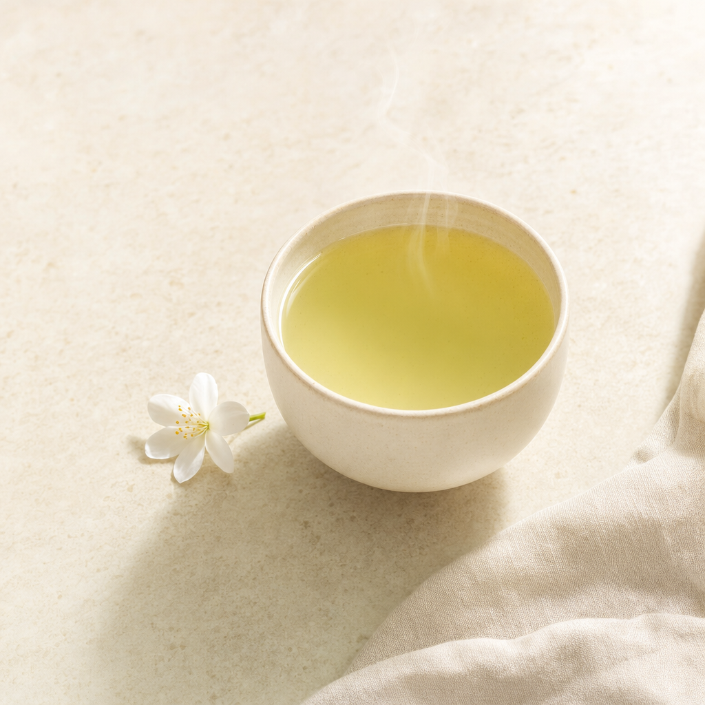 A small cream stoneware cup of light yellowish-green Huatan Select Jasmine on a warm cream stone surface