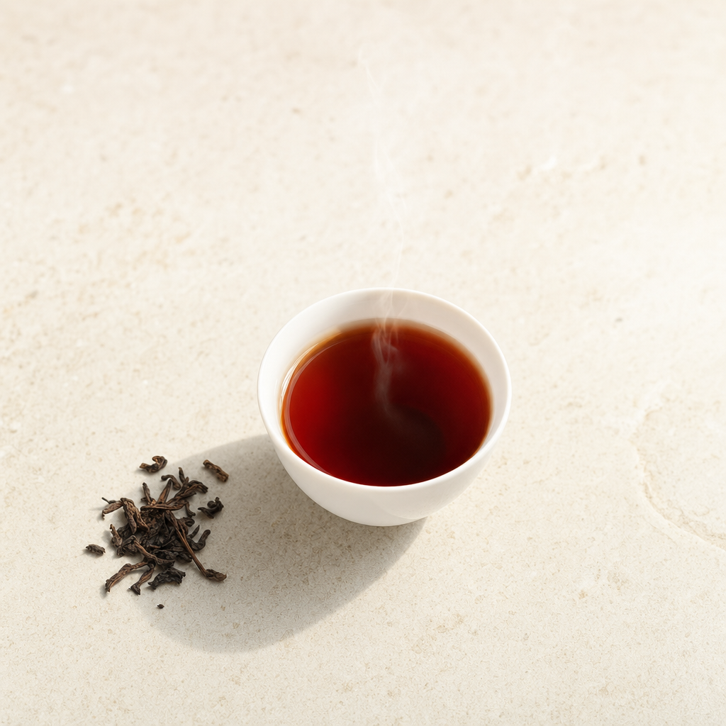 A small white porcelain cup of deep dark reddish-brown Yunnan Crown Reserve Pu-erh on a pale stone surface