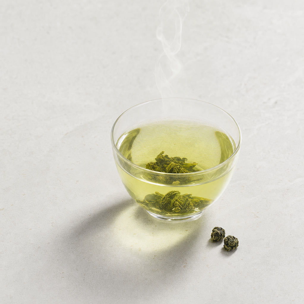 A small glass cup of clear yellow-green Tie Guan Yin oolong on a pale stone surface