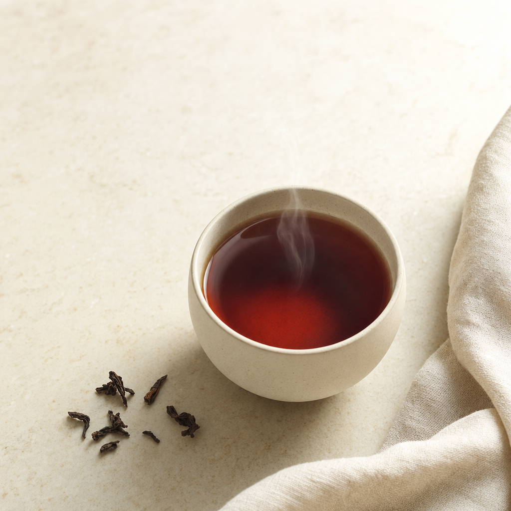 A small cream stoneware cup of deep dark reddish-brown Yunnan Crown Select Pu-erh on a warm cream stone surface