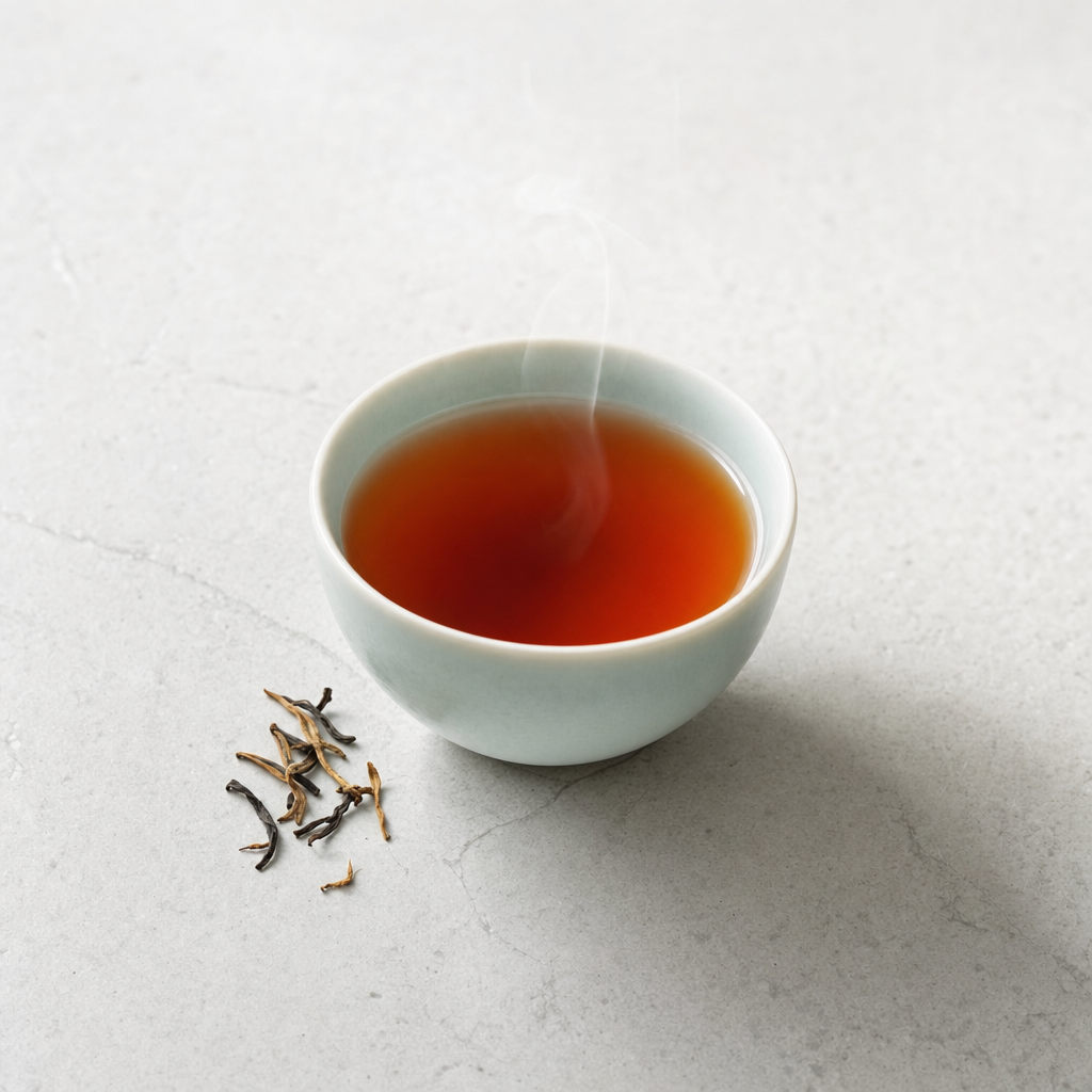 A small pale celadon cup of clear reddish-brown Yunnan Crown Signature Black Tea on a pale grey stone surface