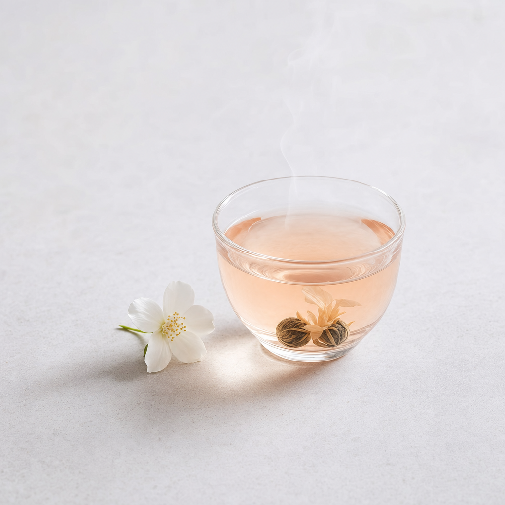 A small glass cup of pale light-peach Pearl Jasmine tea with unfurling pearls on a pale stone surface