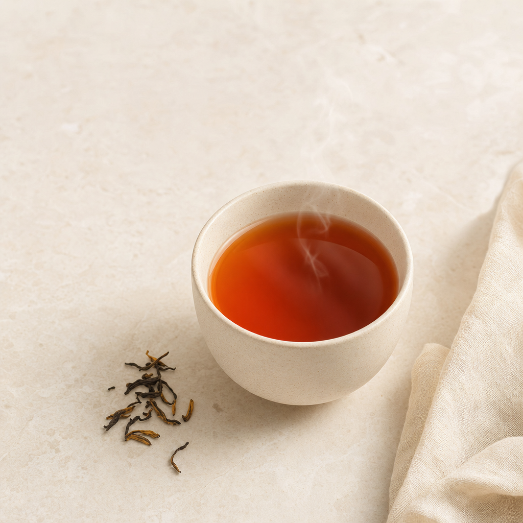 A small cream stoneware cup of clear reddish-brown Yunnan Crown Select Black Tea on a warm cream stone surface