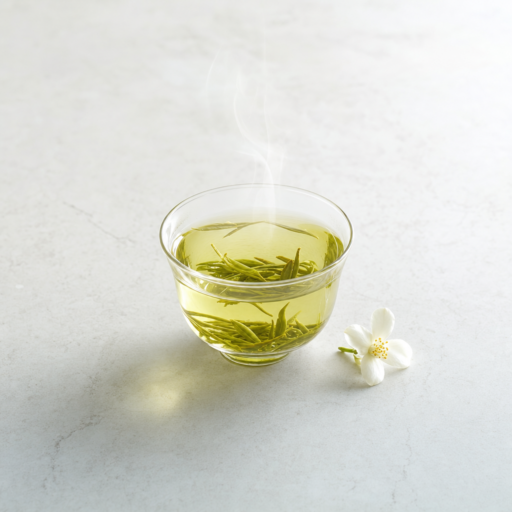 A small glass cup of light yellowish-green Huatan Reserve Jasmine with open leaves on a pale stone surface