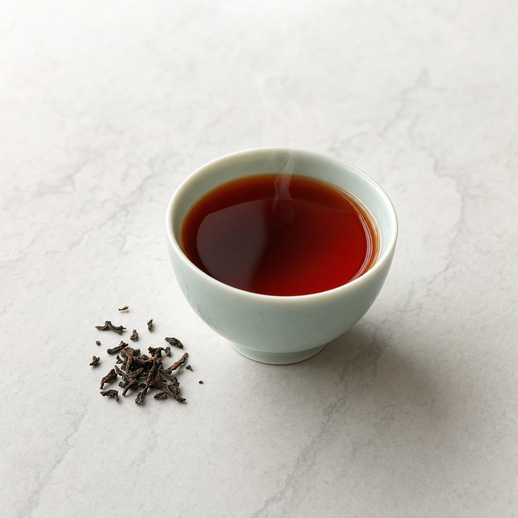 A small pale celadon cup of deep dark reddish-brown Yunnan Crown Signature Pu-erh on a pale grey stone surface