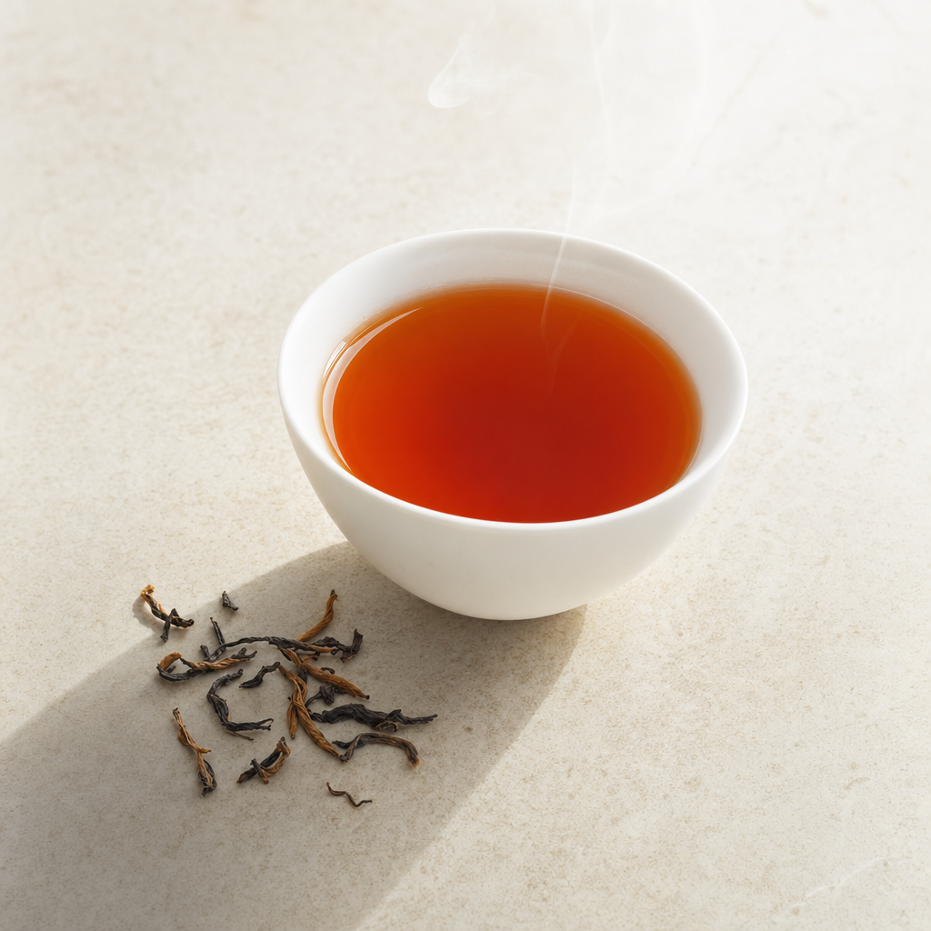 A small white porcelain cup of clear reddish-brown Yunnan Crown Reserve Black Tea on a pale stone surface