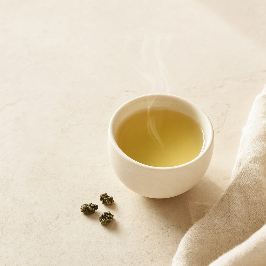 A small cream stoneware cup of warm-edged pale green-yellow Mountain Crown Select Oolong on a warm cream stone surface