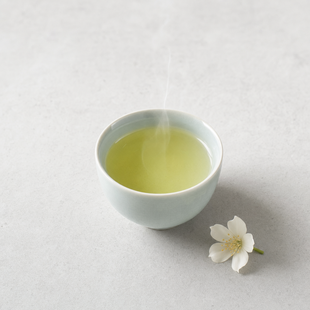 A small pale celadon cup of light yellowish-green Huatan Signature Jasmine on a pale grey stone surface