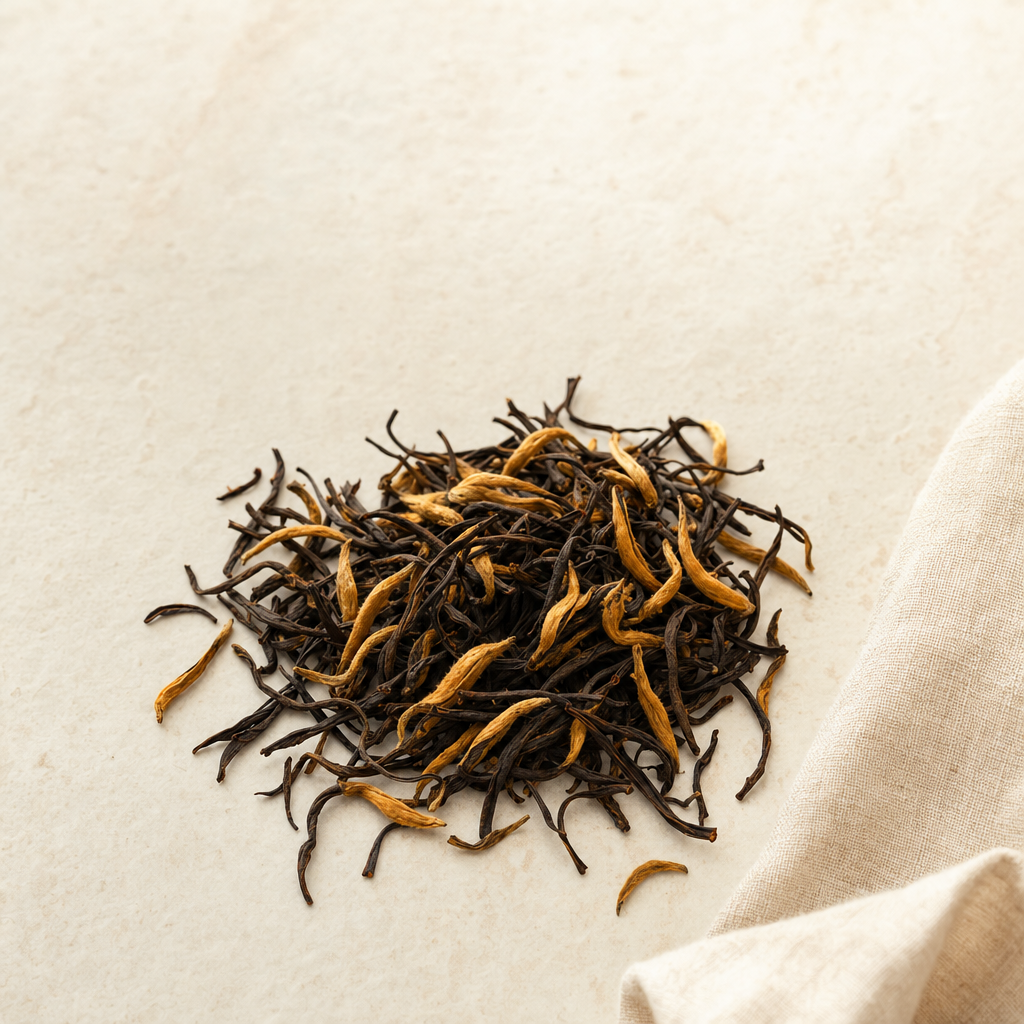 A small arrangement of loose wiry dark Yunnan Crown Select Black Tea leaf dense with fat golden buds on a warm cream stone surface beside a soft fold of linen