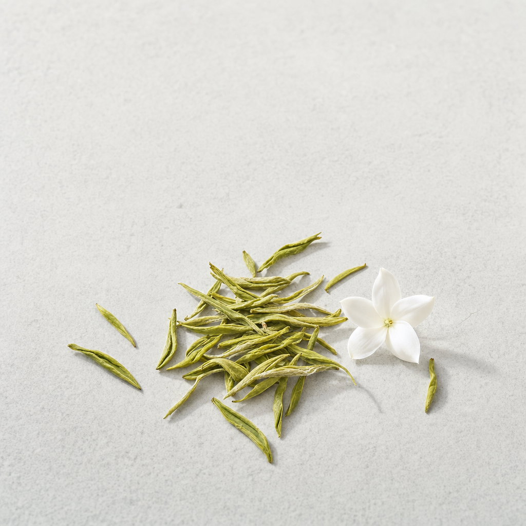 A small relaxed scatter of loose slim green Huatan Reserve Jasmine tea leaves on a pale stone surface beside a white jasmine blossom
