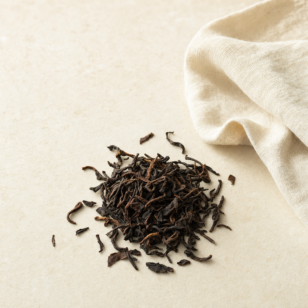 A small arrangement of loose dark reddish-brown Yunnan Crown Select Pu-erh leaf on a warm cream stone surface beside a soft fold of linen