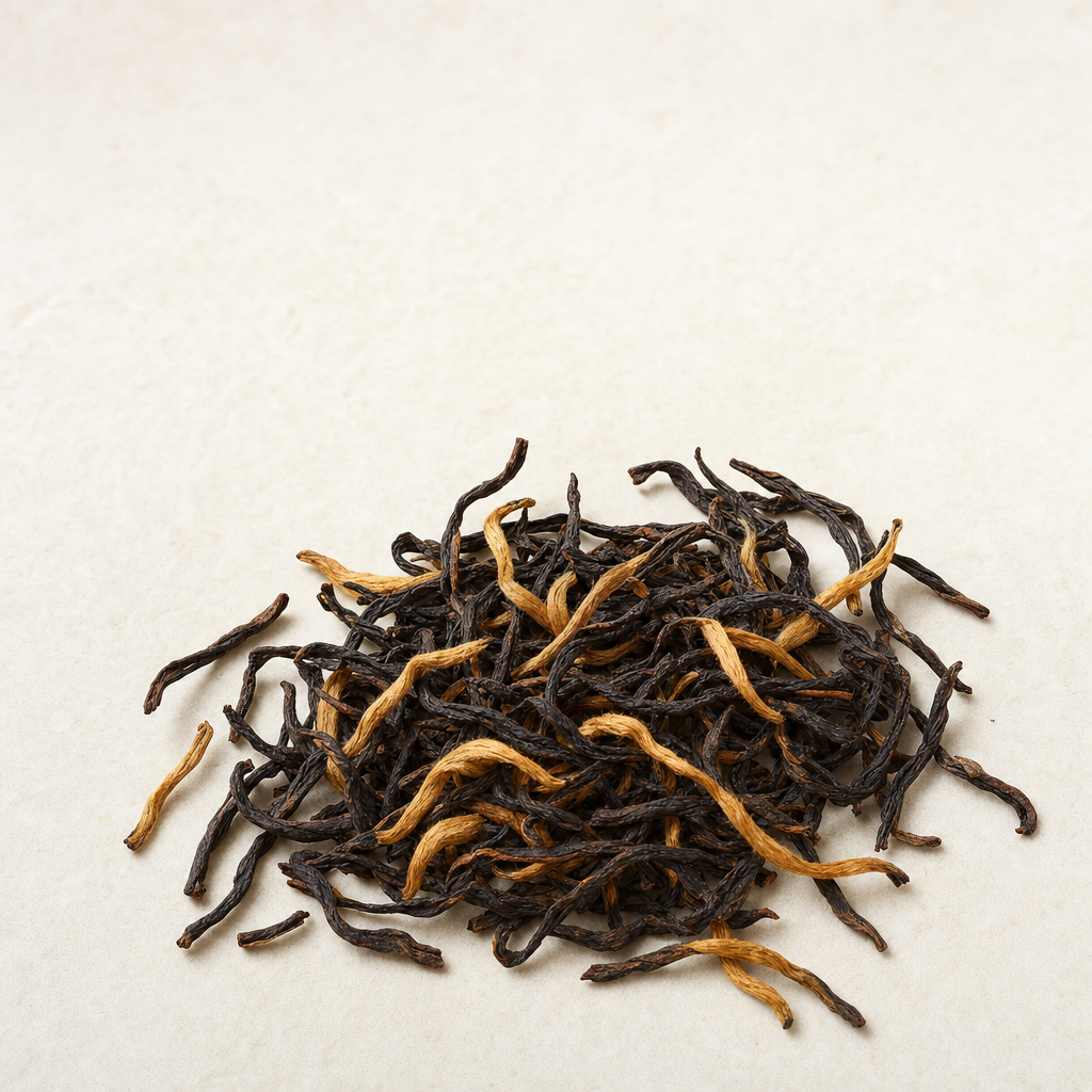 A small relaxed scatter of loose wiry dark Yunnan Crown Reserve Black Tea leaf dense with fat golden buds on a pale stone surface