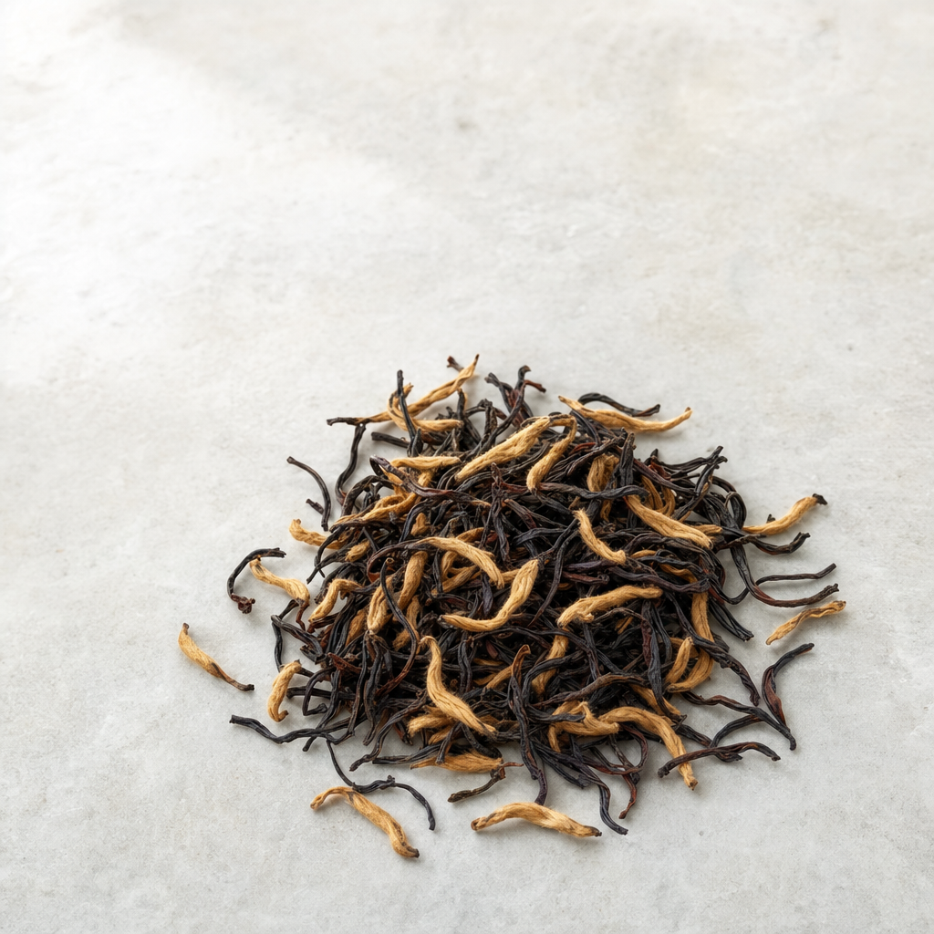 A small relaxed scatter of loose wiry dark Yunnan Crown Signature Black Tea leaf dense with fat golden buds on a pale grey stone surface