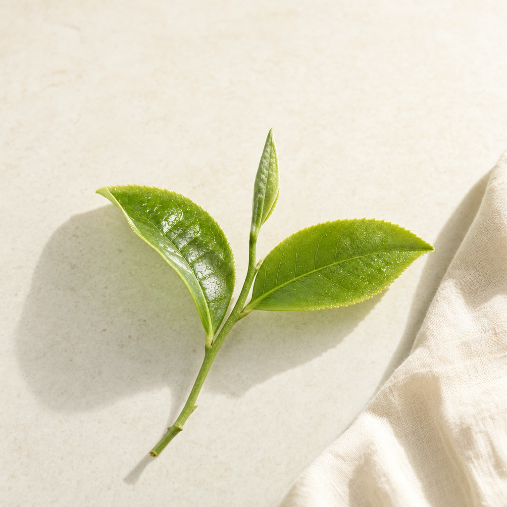 A slim sprig of fresh green tea-plant leaves with one bud and two unfurled leaves on a warm cream stone surface beside a soft fold of linen