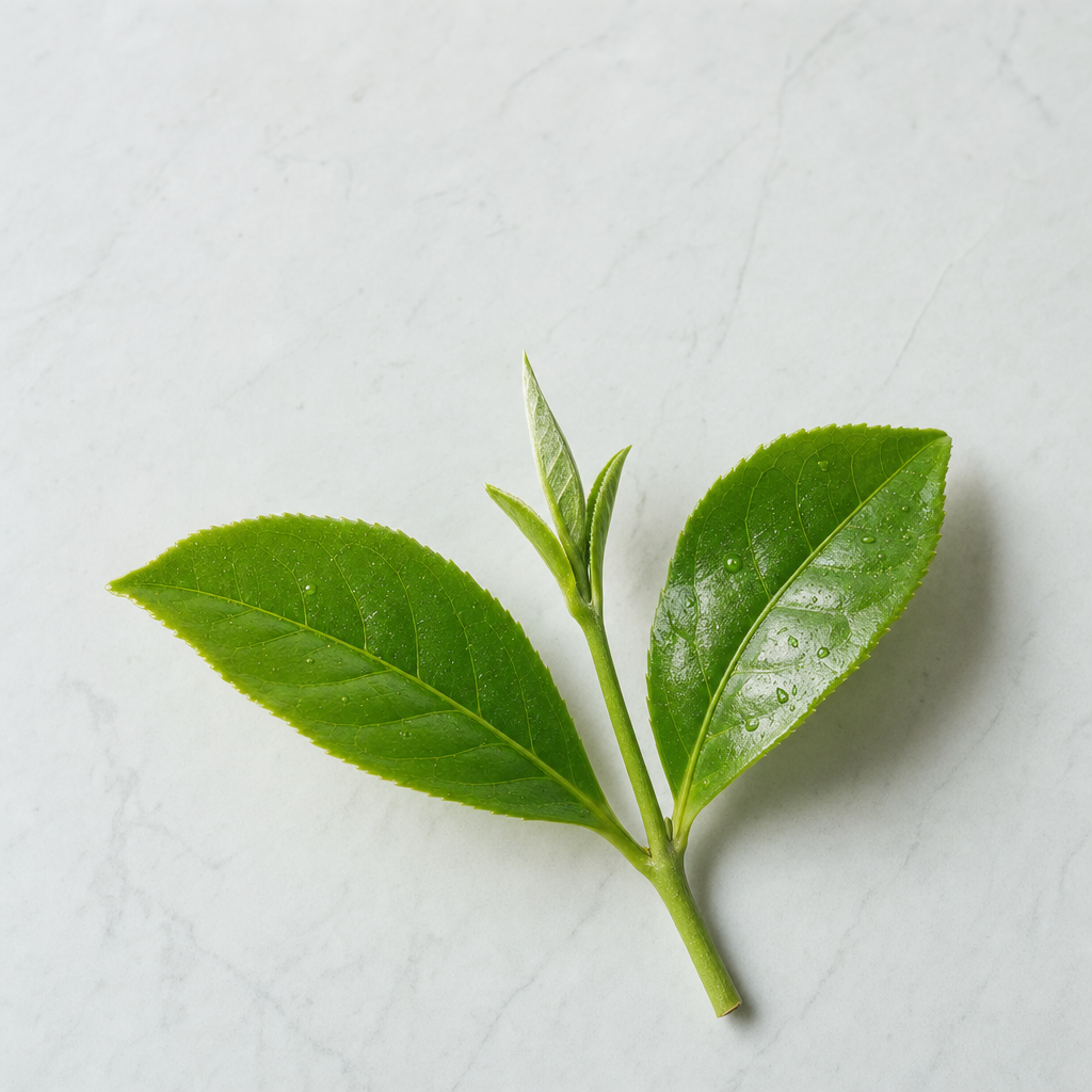 A slim sprig of fresh green tea-plant leaves with one bud and two unfurled leaves on a pale grey stone surface