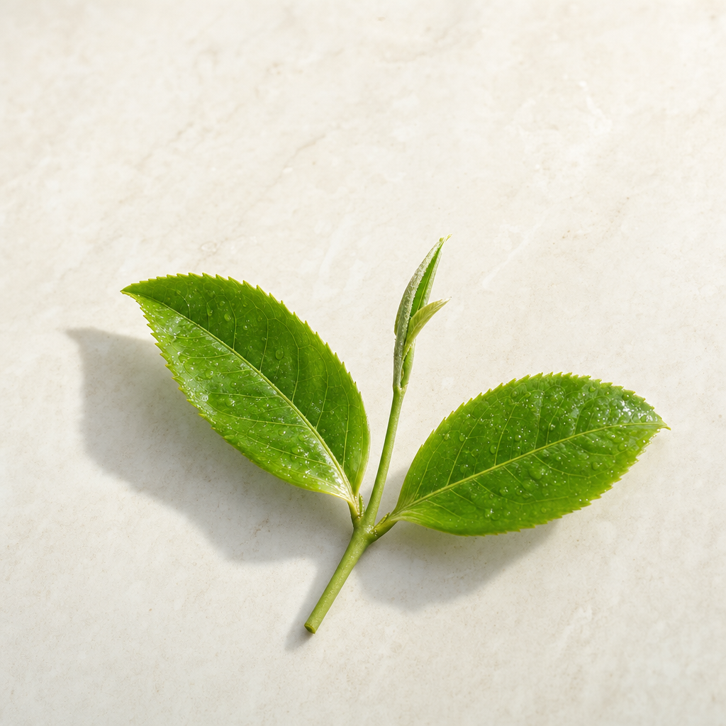 A slim sprig of fresh green tea-plant leaves with one bud and two unfurled leaves on a pale stone surface
