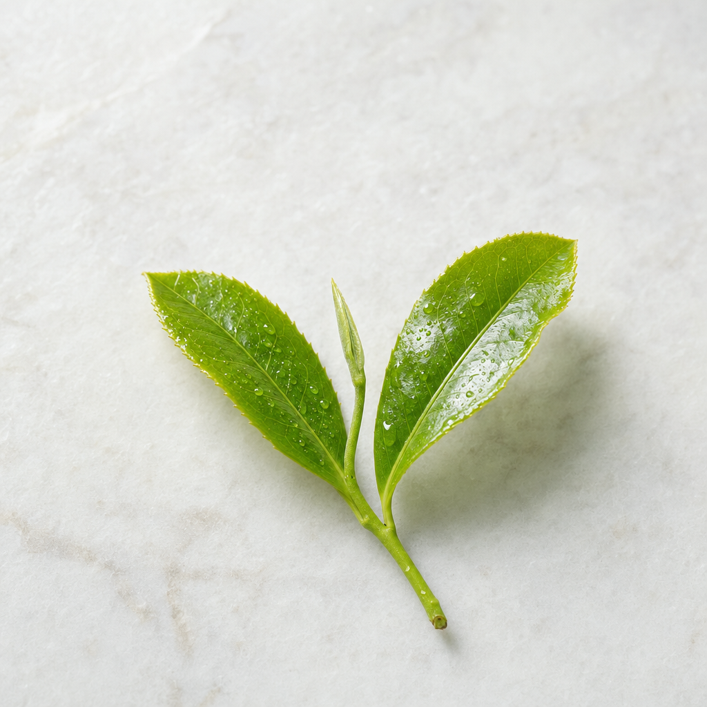A slim sprig of fresh green tea-plant leaves with one bud and two unfurled leaves on a pale grey stone surface