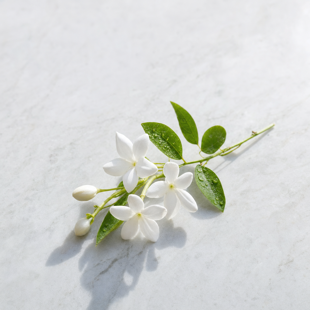 A slim sprig of fresh white star-shaped jasmine blossoms and green leaves on a pale stone surface