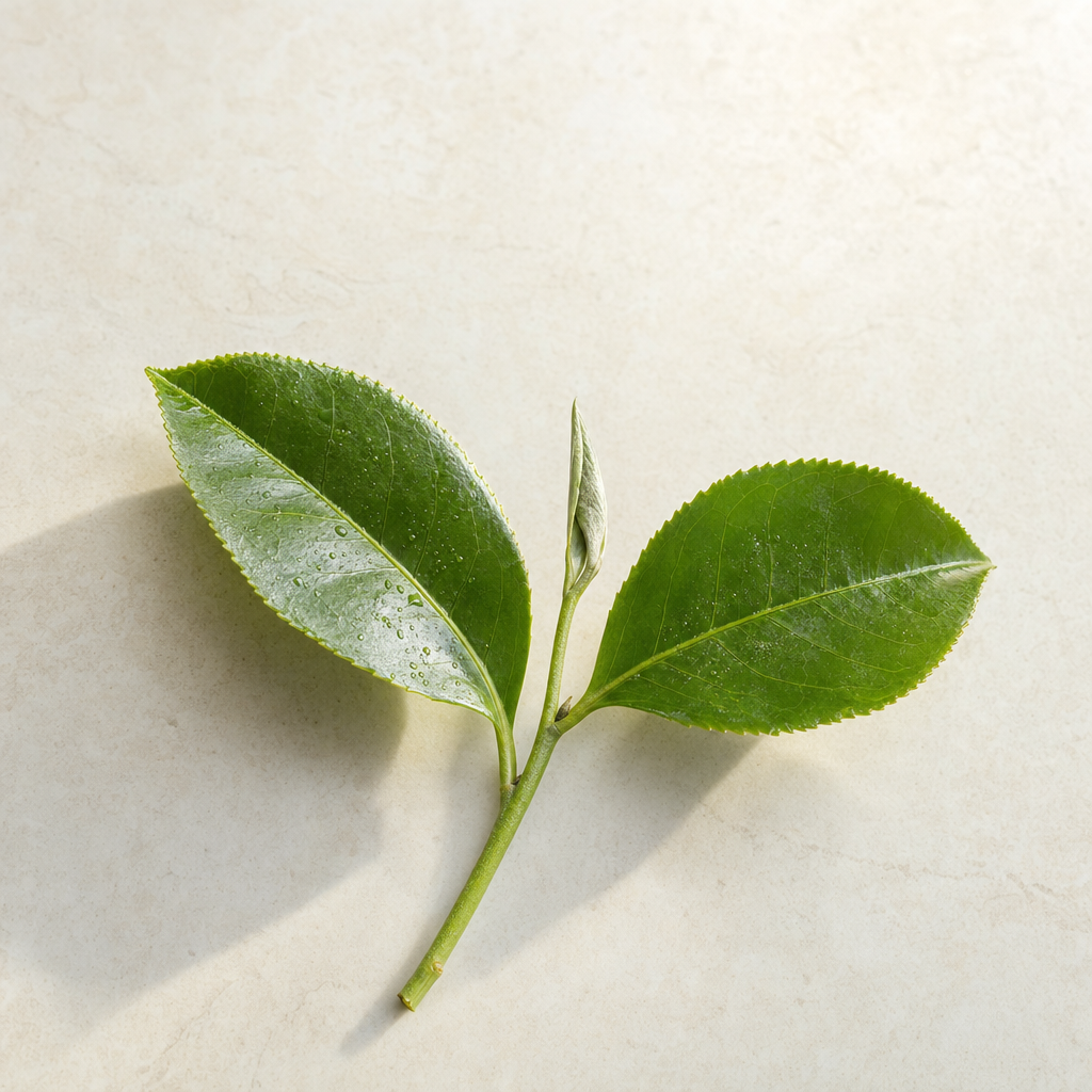 A slim sprig of fresh green tea-plant leaves with one bud and two unfurled leaves on a pale stone surface