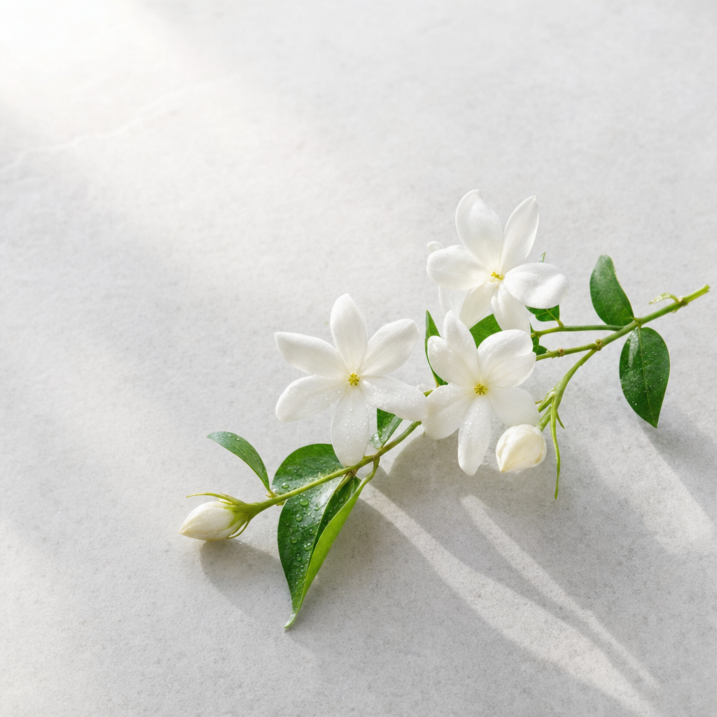 A slim sprig of fresh white star-shaped jasmine blossoms and green leaves on a pale grey stone surface