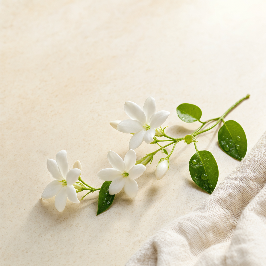 A slim sprig of fresh white star-shaped jasmine blossoms and green leaves on a warm cream stone surface beside a soft fold of linen