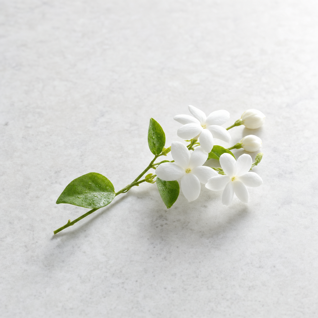 A slim sprig of fresh white star-shaped jasmine blossoms and green leaves on a pale stone surface