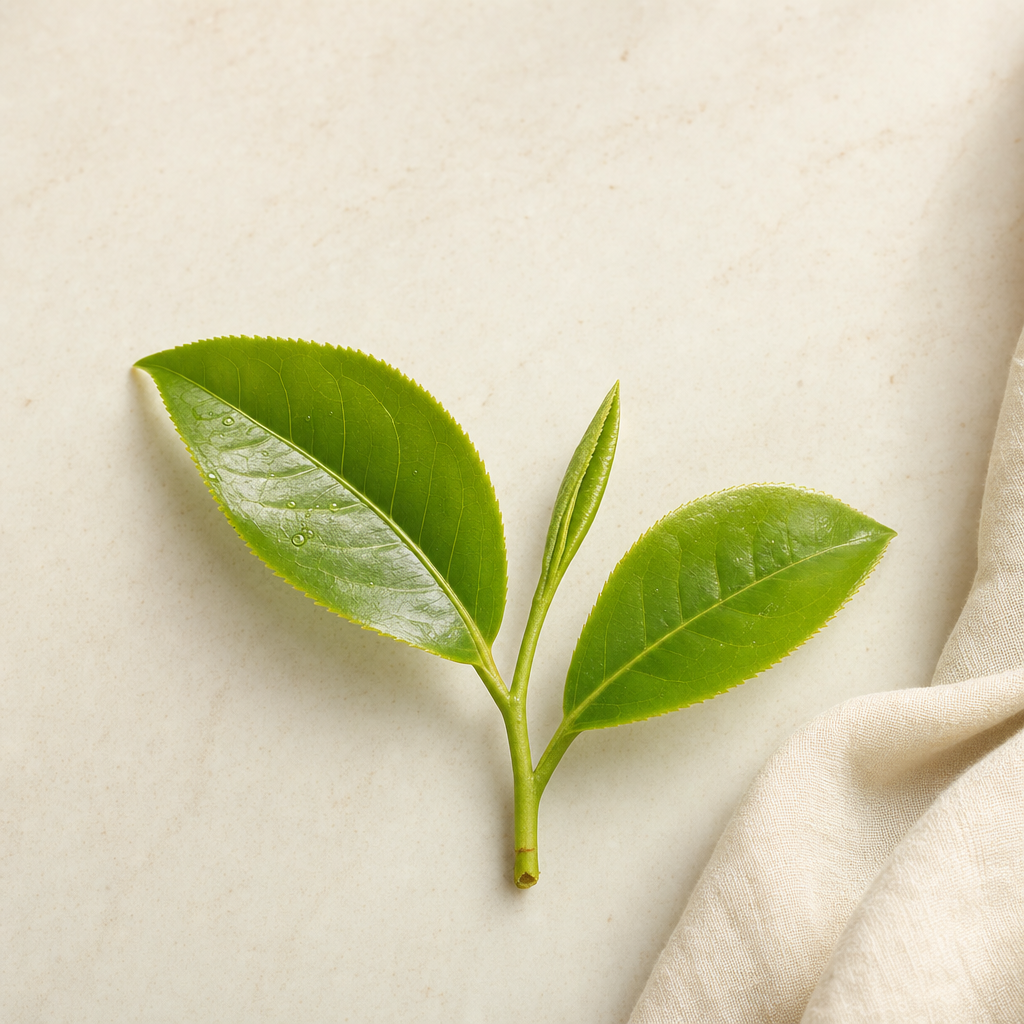 A sprig of fresh green tea-plant leaves with a fuller one-bud-two-leaf set on a warm cream stone surface beside a soft fold of linen