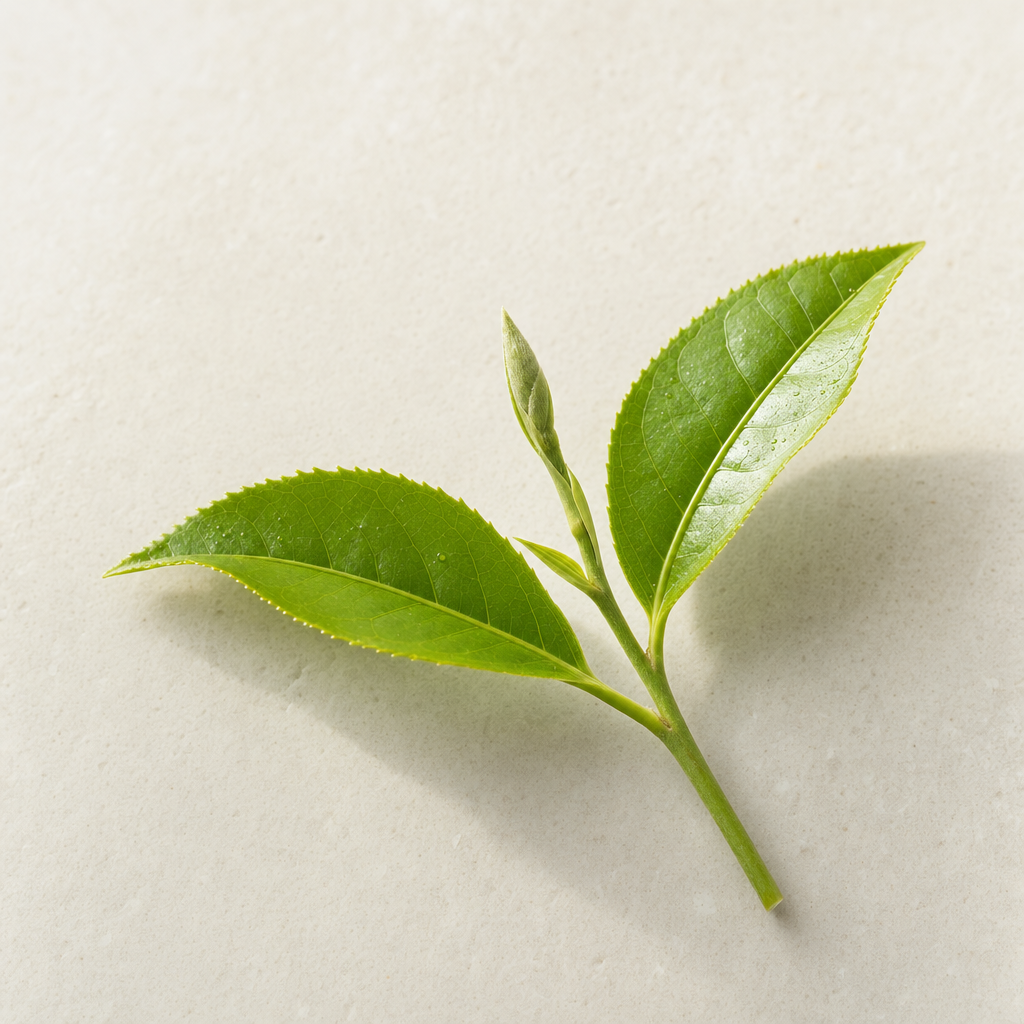 A slim sprig of fresh green tea-plant leaves with one bud and two unfurled leaves on a pale stone surface