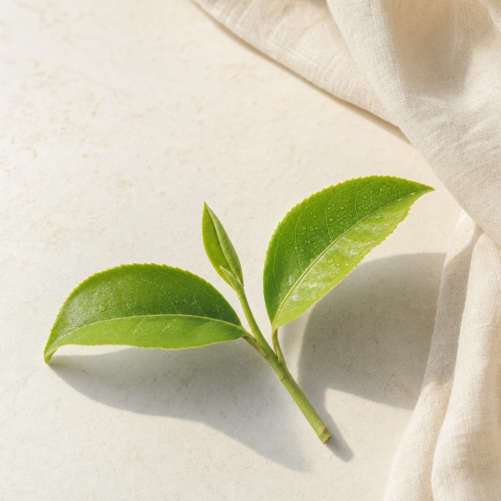 A sprig of fresh green tea-plant leaves with a fuller one-bud-two-leaf set on a warm cream stone surface beside a soft fold of linen