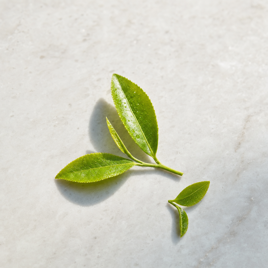 Fresh green tea-plant leaves on a slim sprig resting on a whitish-grey marble surface