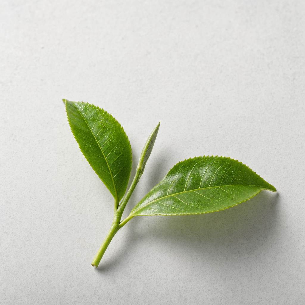 A slim sprig of fresh green tea-plant leaves with one bud and two unfurled leaves on a pale grey stone surface