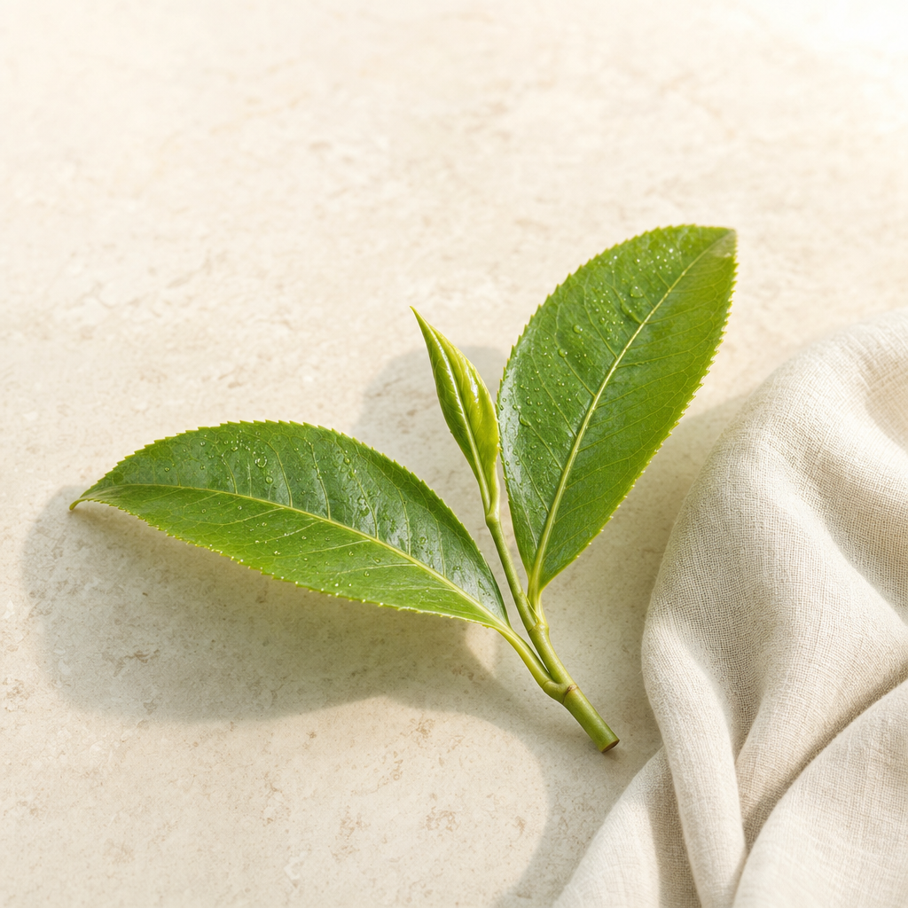 A sprig of fresh green tea-plant leaves with a fuller one-bud-two-leaf set on a warm cream stone surface beside a soft fold of linen