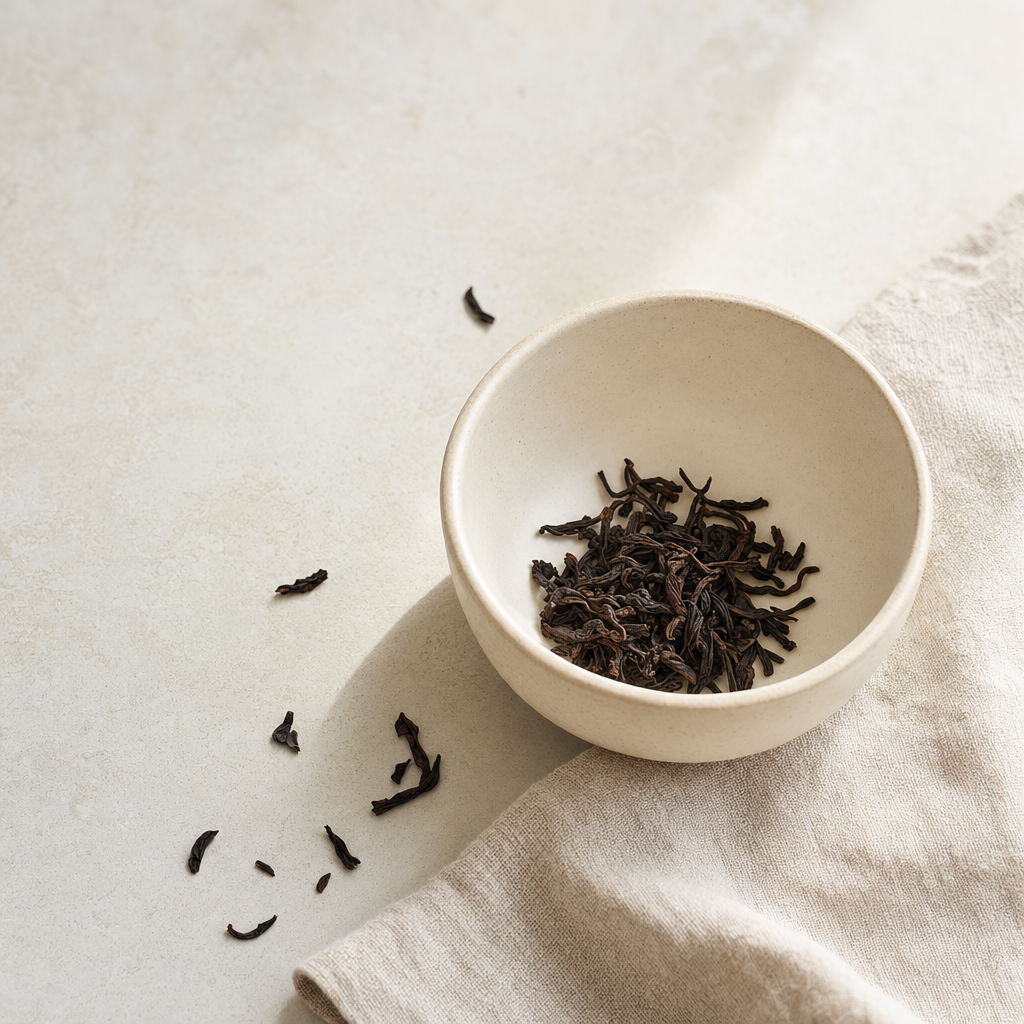Yunnan Crown Select Pu-erh loose dark reddish-brown leaf in a small cream stoneware cup on a bright stone surface, with a soft folded linen