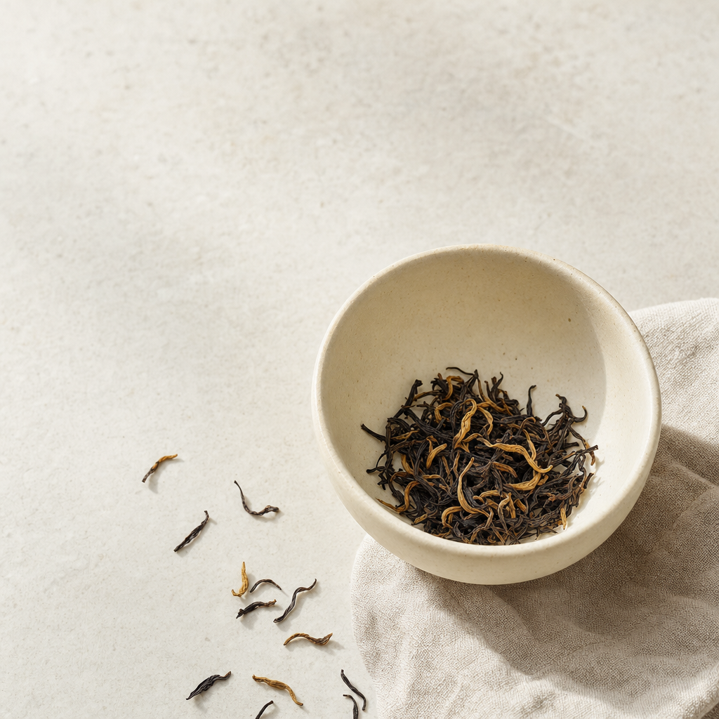 Yunnan Crown Select Black Tea loose wiry dark leaf dense with fat golden buds in a small cream stoneware cup on a bright stone surface, with a soft folded linen
