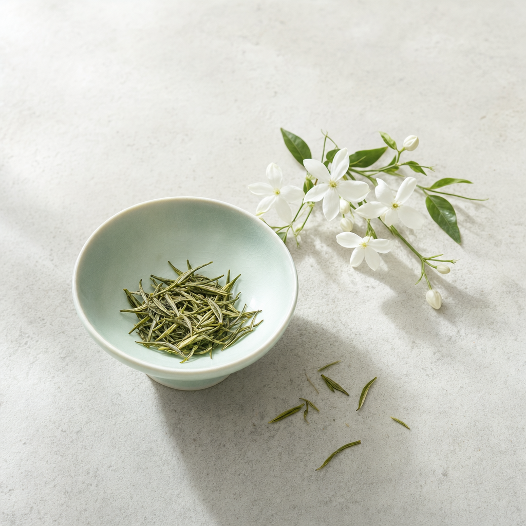 Huatan Signature Jasmine loose slim green tea leaves in a pale celadon bowl on a bright stone surface, with fresh white jasmine blossoms