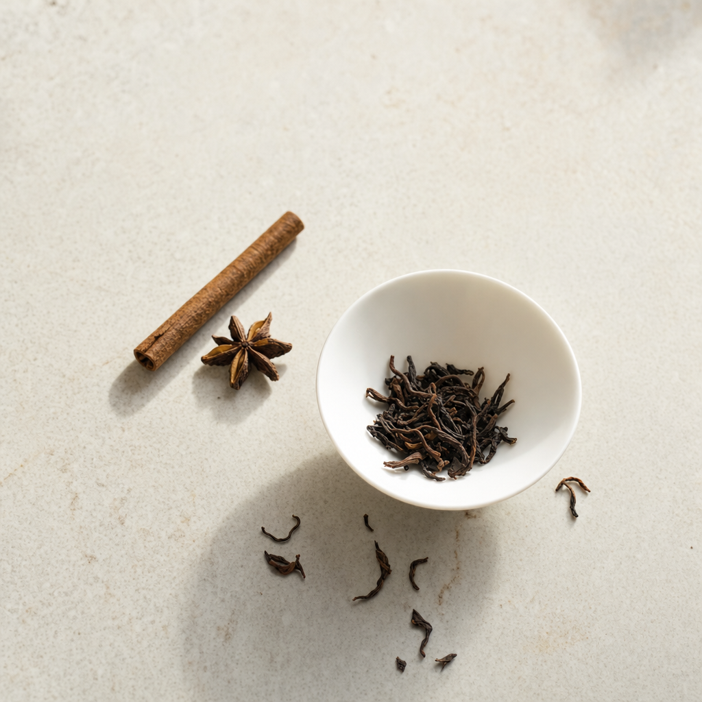 Yunnan Crown Reserve Pu-erh loose dark reddish-brown leaf in a small white porcelain bowl on a bright stone surface, with a star-anise accent