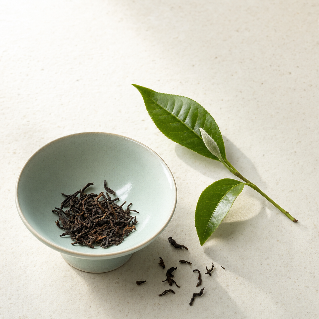 Yunnan Crown Signature Pu-erh loose dark reddish-brown leaf in a pale celadon bowl on a bright stone surface, with a fresh tea sprig