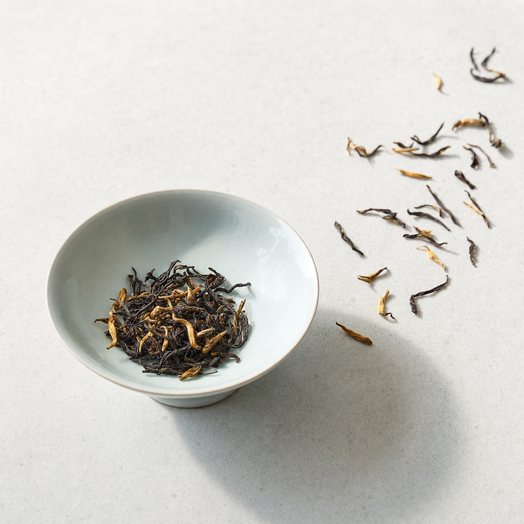 Yunnan Crown Signature Black Tea loose wiry dark leaf dense with fat golden buds in a pale celadon bowl on a bright stone surface