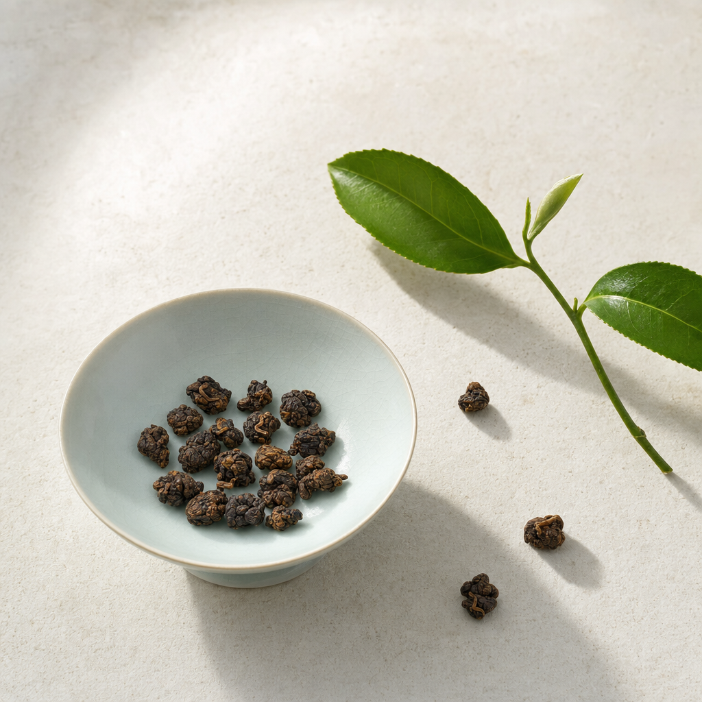 Ember Crown Signature Dark Oolong roasted rolled pellets in a pale celadon bowl on a bright stone surface, with a fresh tea sprig