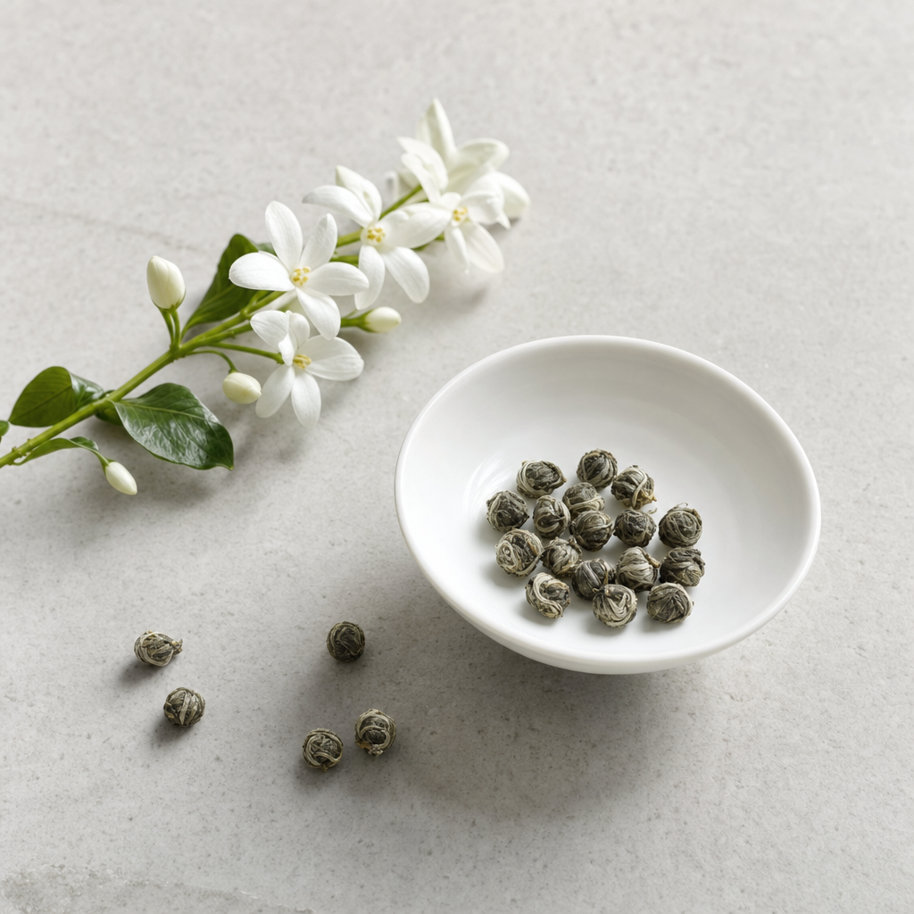 Pearl Jasmine hand-rolled green tea pearls in a small white porcelain bowl on a bright stone surface, with fresh white jasmine blossoms