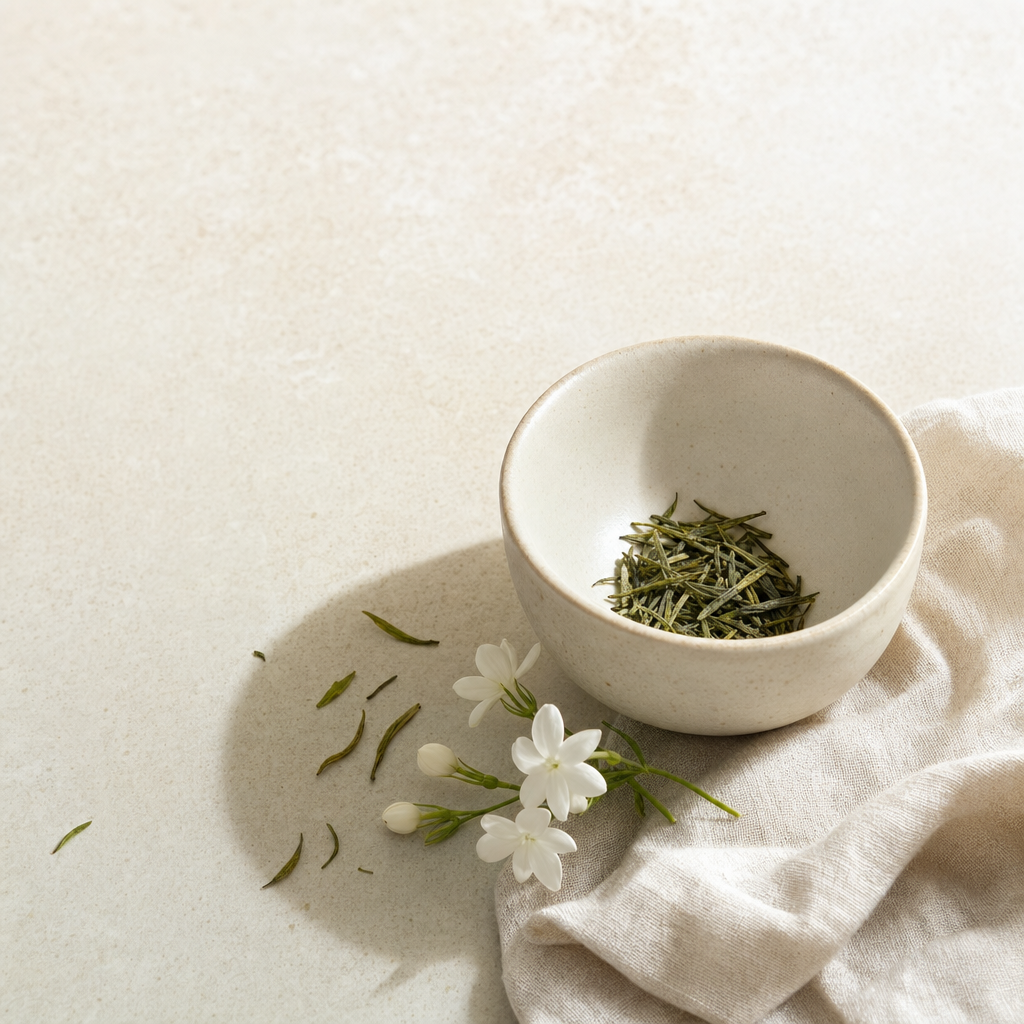 Huatan Select Jasmine loose slim green tea leaves in a small cream stoneware cup on a bright stone surface, with fresh white jasmine blossoms and a soft folded linen
