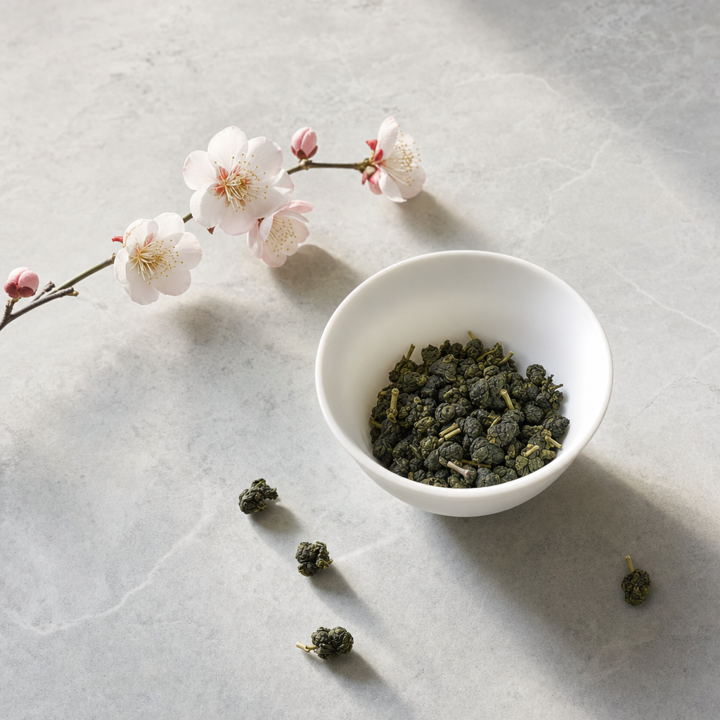 Mountain Crown Reserve Oolong hand-rolled jade pellets in a small white porcelain bowl on a pale stone surface, with a fresh plum blossom branch curving into the frame