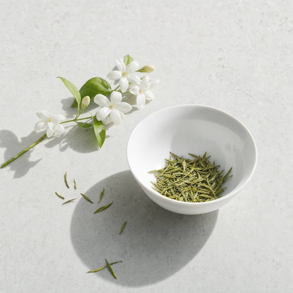 Huatan Reserve Jasmine loose slim green tea leaves in a small white porcelain bowl on a bright stone surface, with fresh white jasmine blossoms